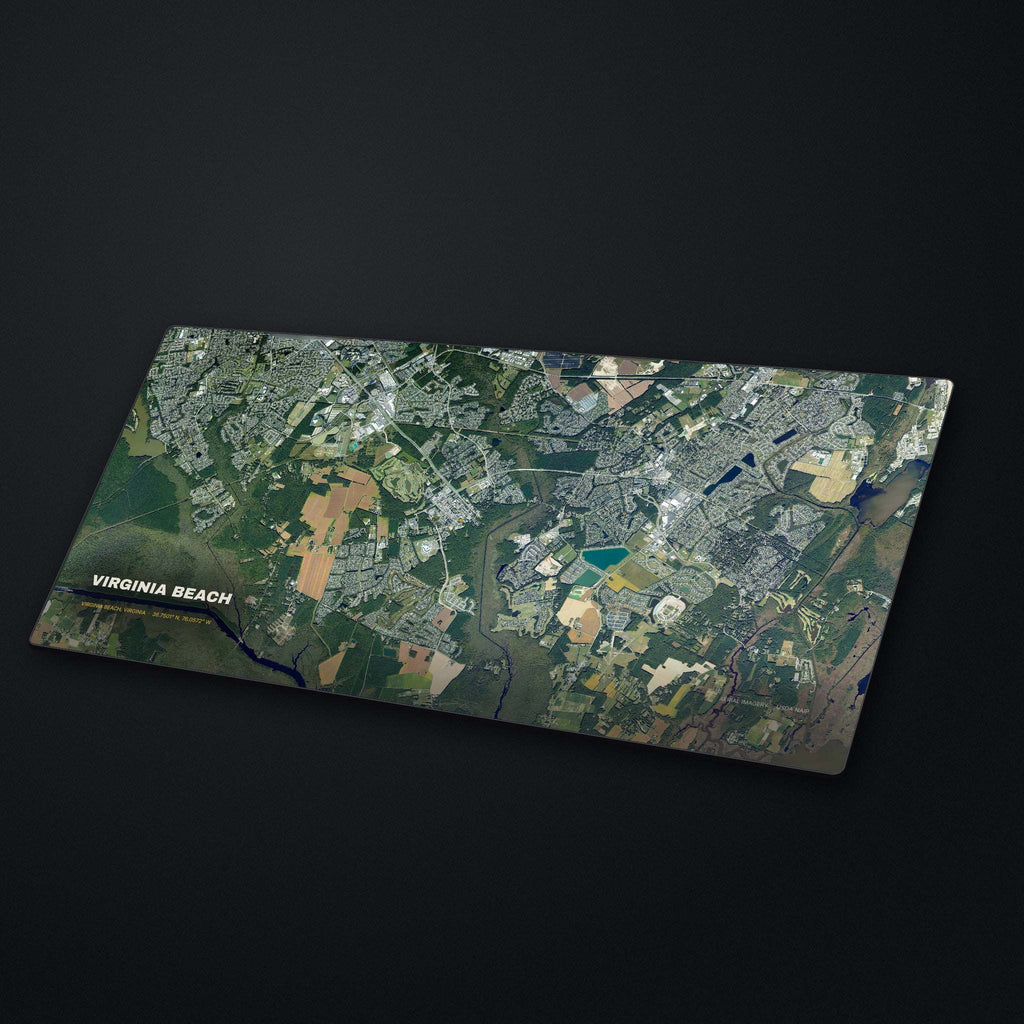 Virginia Beach Satellite Desk Mat at an angle on a stone desk