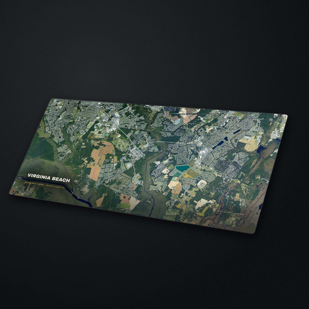 Virginia Beach Satellite Desk Mat at an angle on a stone desk