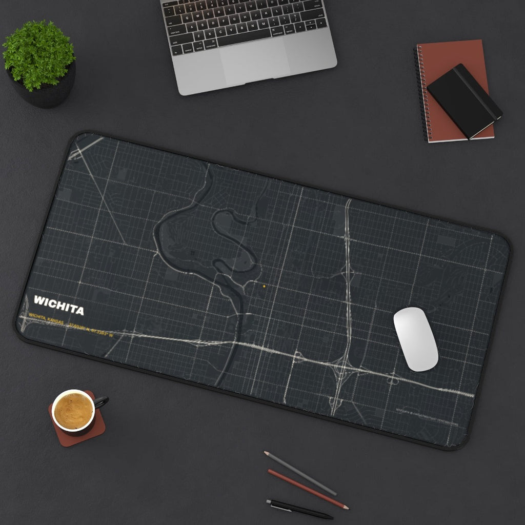 Wichita Street Map desk mat on a desk with a laptop, mouse and coffee cup for scale