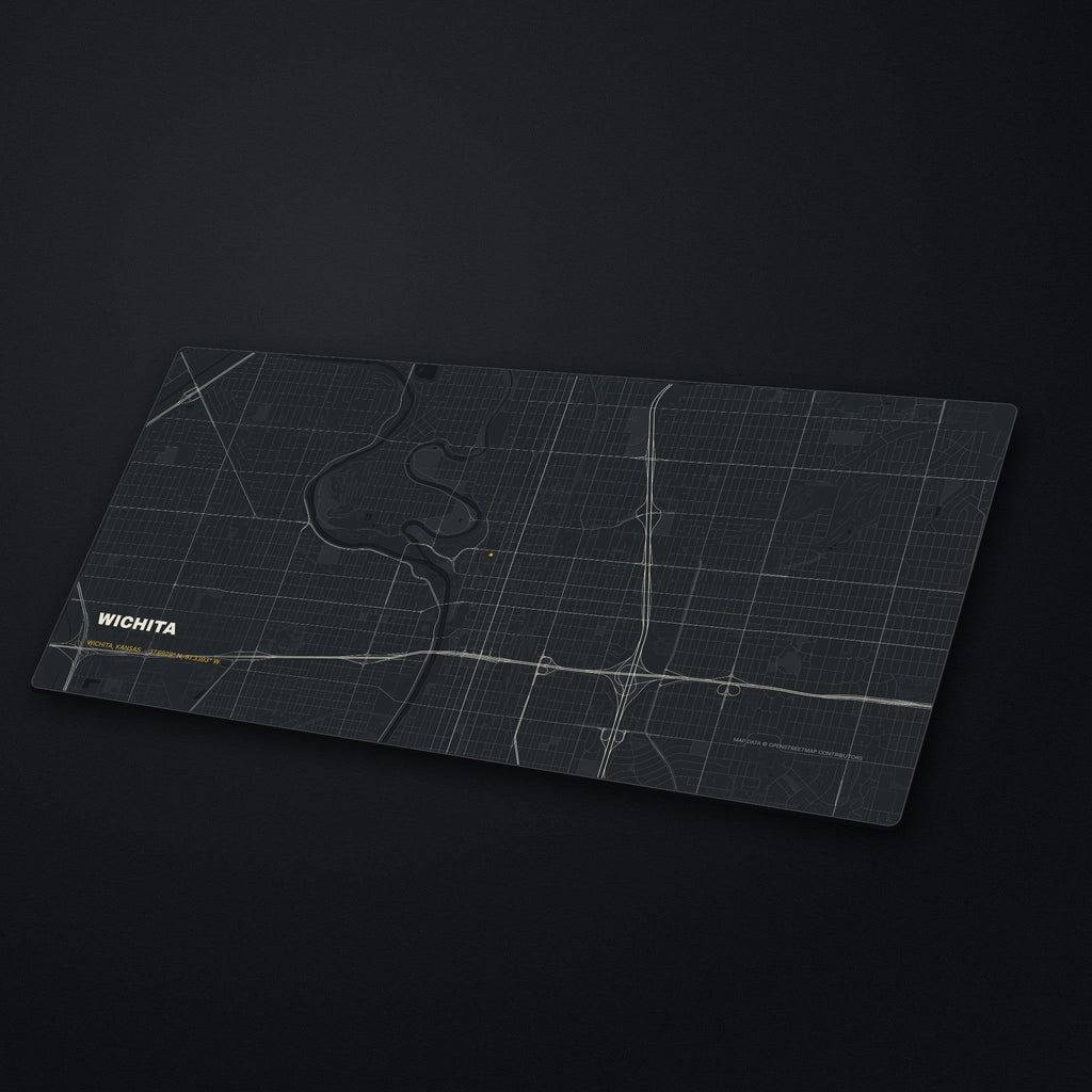 Wichita Street Map Desk Mat at an angle on a stone desk