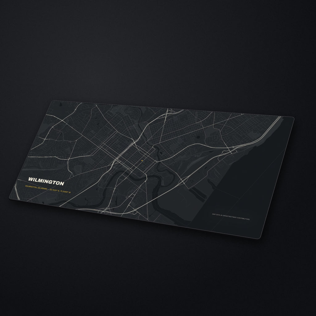 Wilmington Street Map Desk Mat at an angle on a stone desk