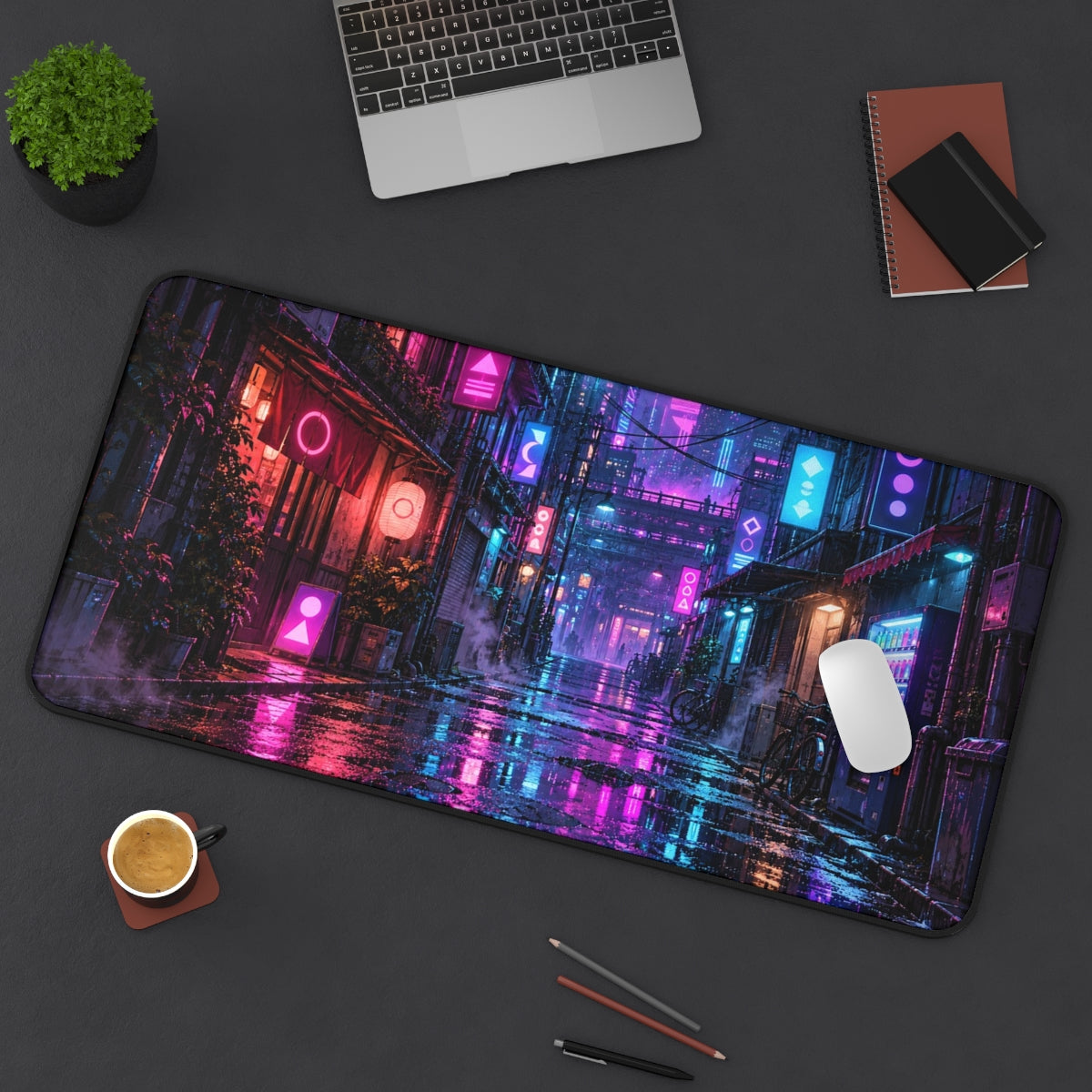 Neon Rain Alley desk mat on a desk with a laptop, mouse and coffee cup for scale