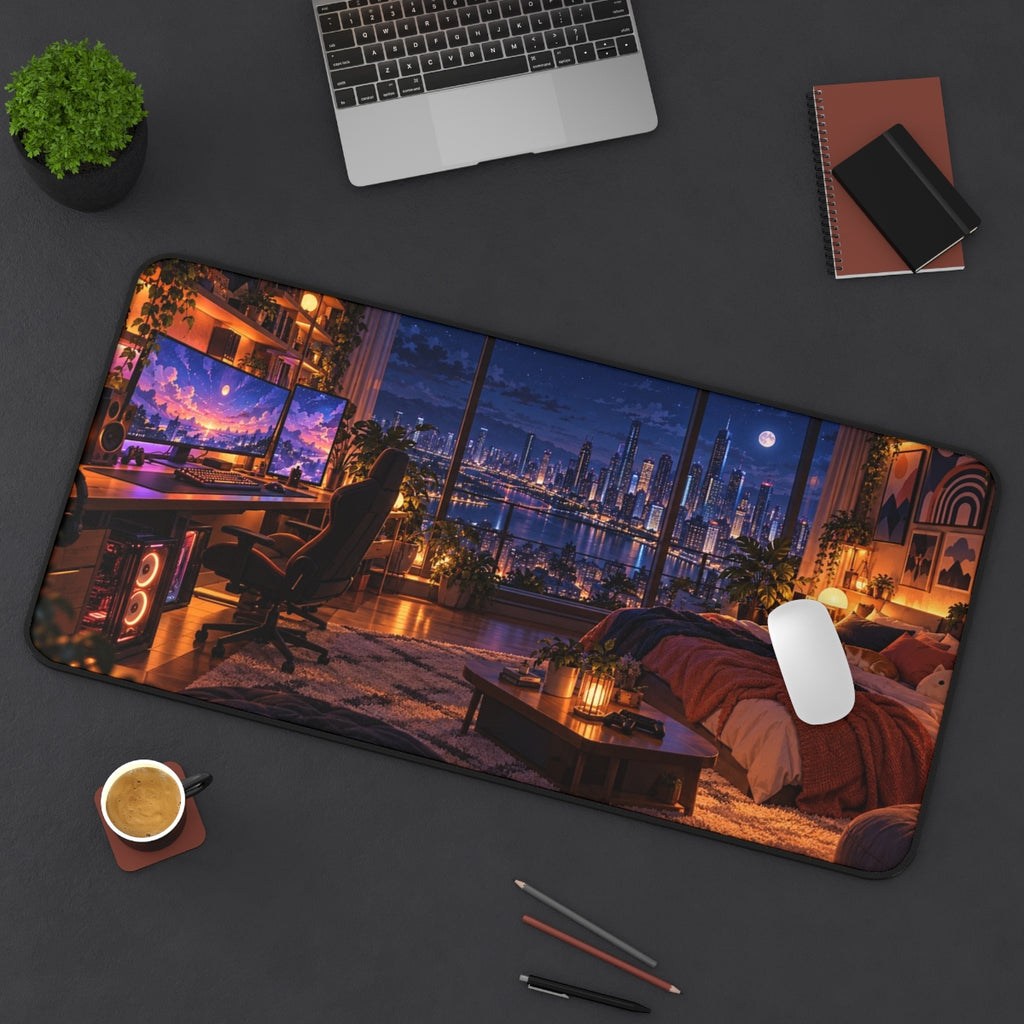 Night Owl Setup desk mat on a desk with a laptop, mouse and coffee cup for scale