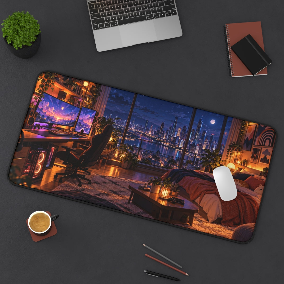 Night Owl Setup desk mat on a desk with a laptop, mouse and coffee cup for scale