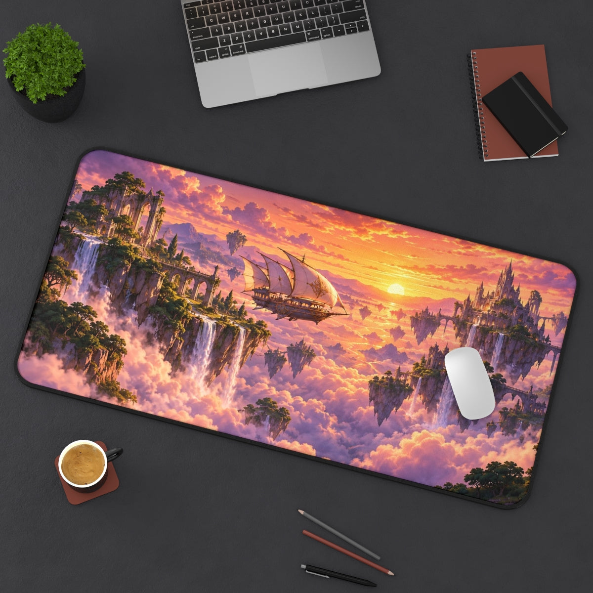 Sky Islands desk mat on a desk with a laptop, mouse and coffee cup for scale
