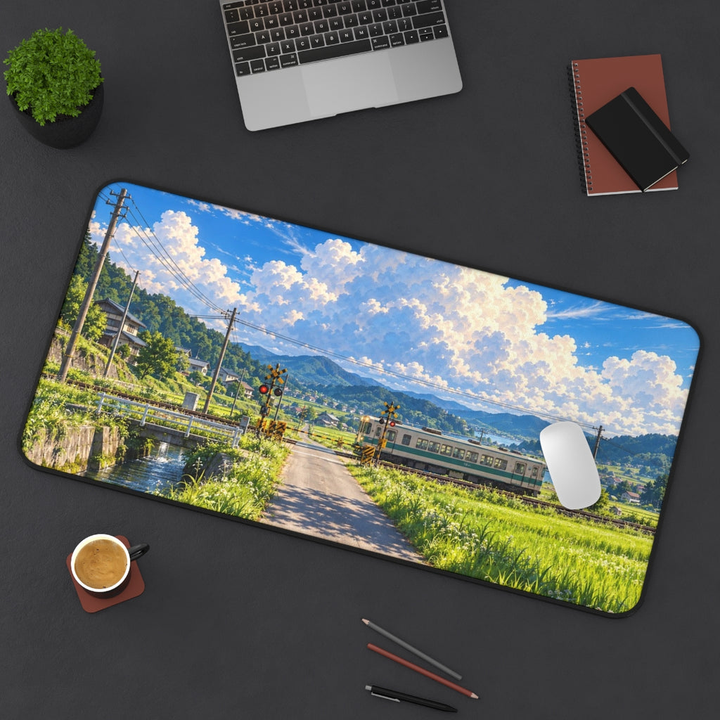 Summer Rice Fields desk mat on a desk with a laptop, mouse and coffee cup for scale