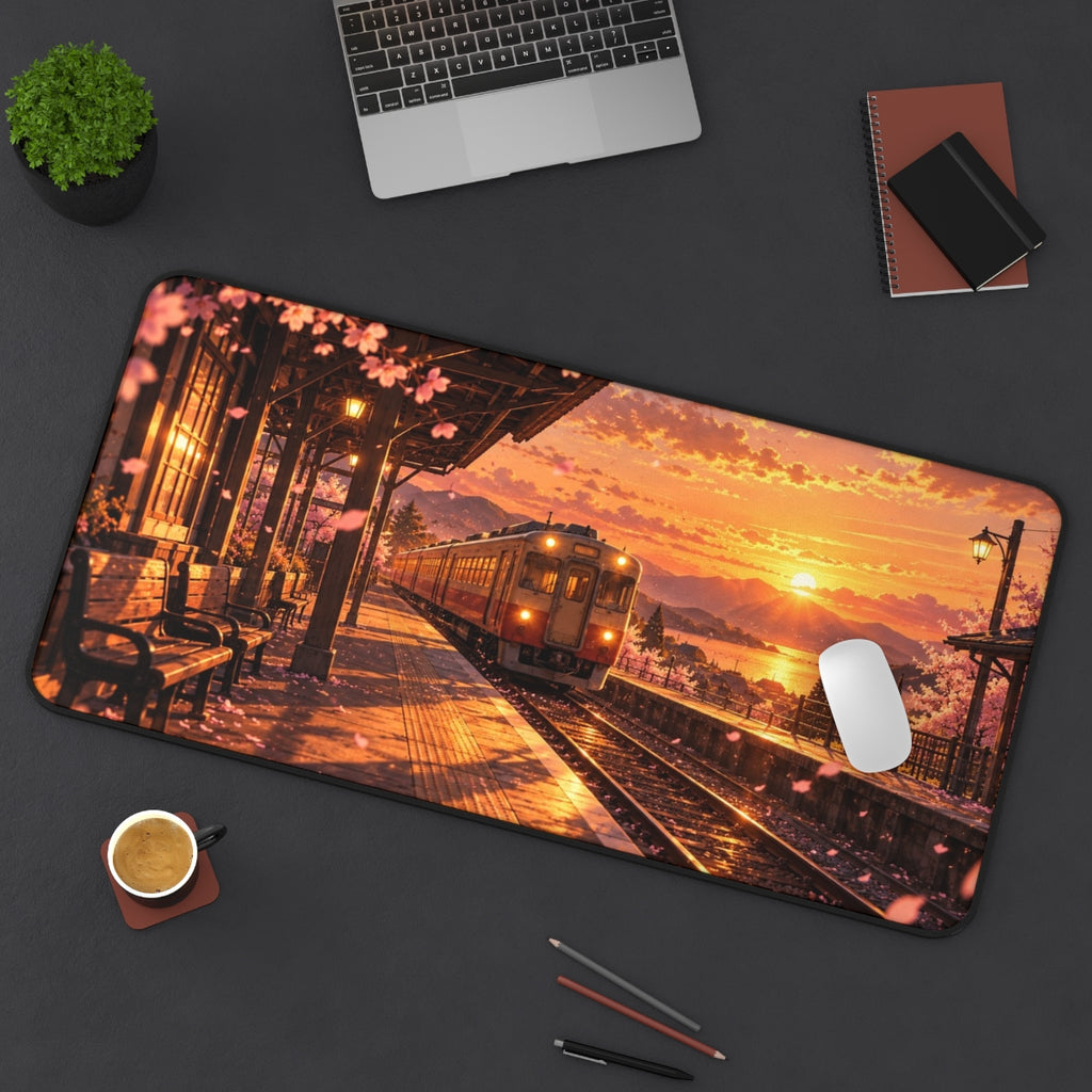 Sunset Station desk mat on a desk with a laptop, mouse and coffee cup for scale