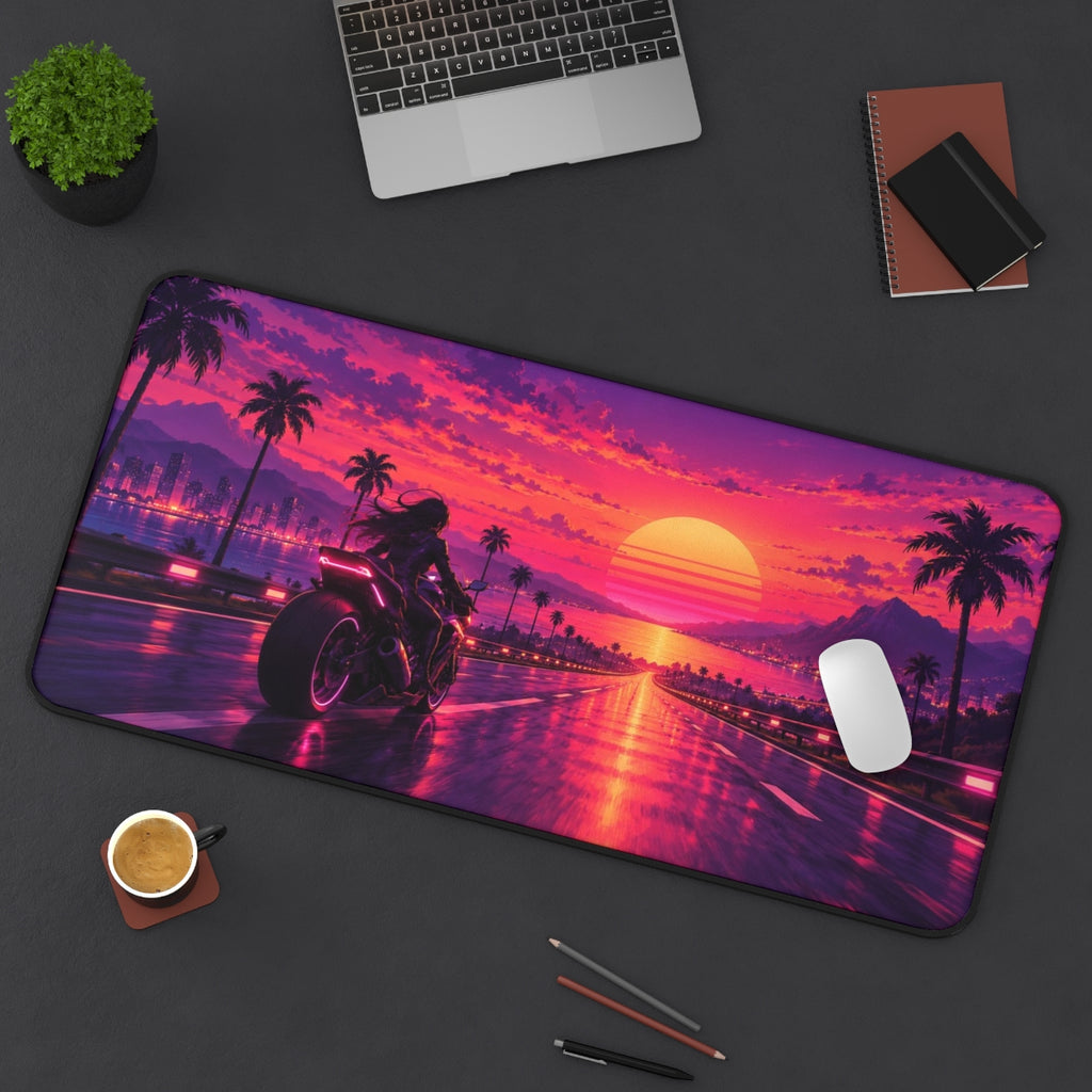 Synthwave Highway desk mat on a desk with a laptop, mouse and coffee cup for scale