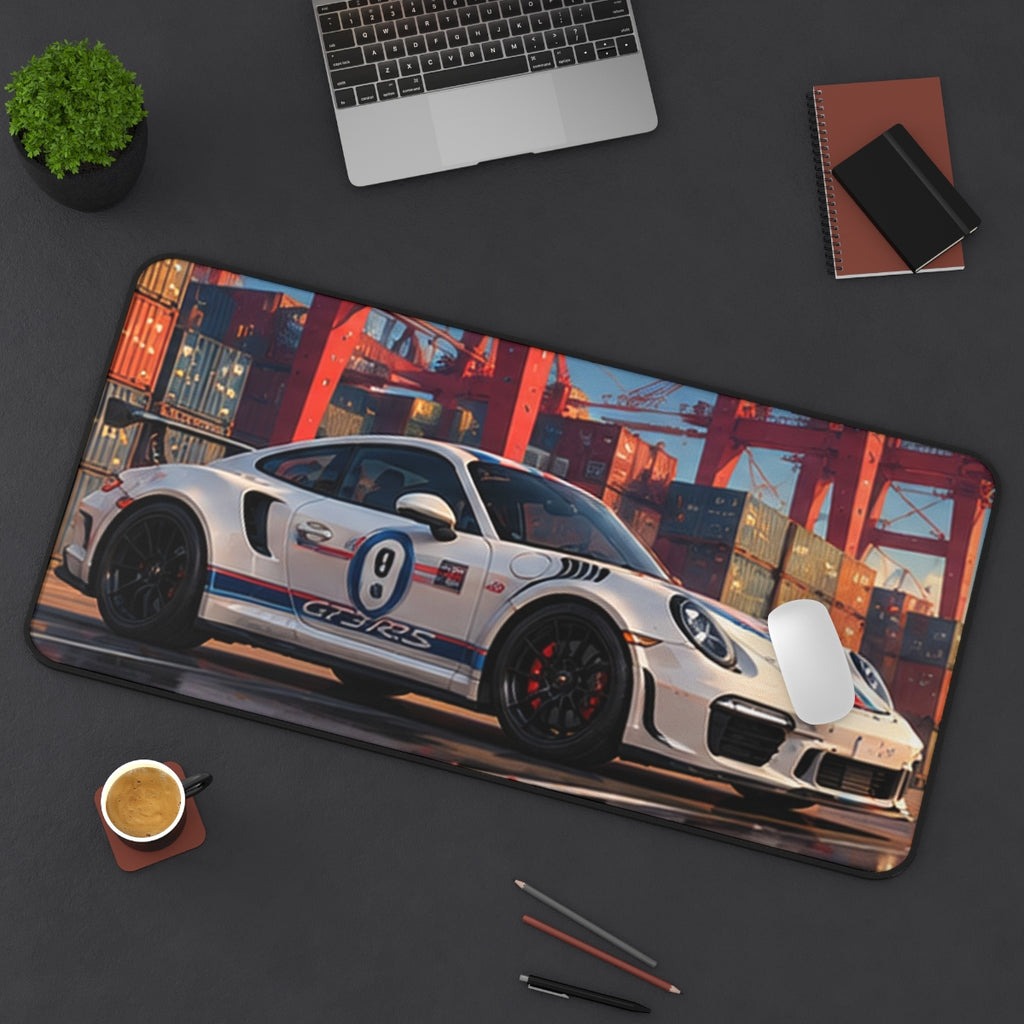 Harbor Racer desk mat on a desk with a laptop, mouse and coffee cup for scale